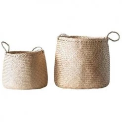 Creative Co-op 18-1/2" Round X 18-1/2"H & 14" Round X 14"H Natural Woven Seagrass Baskets W/ Handles, Set Of 2