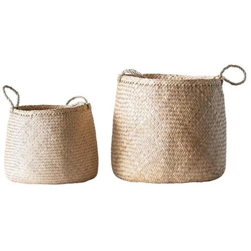 Creative Co-op 18-1/2" Round X 18-1/2"H & 14" Round X 14"H Natural Woven Seagrass Baskets W/ Handles, Set Of 2