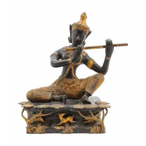 Auction Thai Gilt And Patinated Bronze Flute Player Vintage